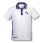 White polo shirt with blue collar and button placket. It features multicolored stripes on the sides and collar. There is a crest with two stars and a small green banner on the left chest and a BURNFOX logo near the bottom right.