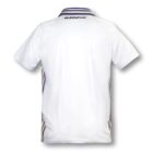 A white short-sleeved polo shirt seen from the back, featuring a logo near the top. The sides have colored stripes running vertically. The shirt has a classic collar.