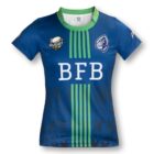 A blue sports jersey with green vertical stripes on the front. It features a logo with the word RUGBY and a helmet, another logo of a stylized face, and the letters BFB in white. The sleeves have small badge logos.