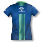 Back view of a blue sports jersey with green vertical stripes, featuring the word DIAMONDLINE and a geometric logo on the upper back. The lower section has abstract patterns in dark blue.