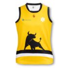 A sleeveless, yellow sports jersey features a bold black bull silhouette on the front. It has black and white stripes near the bottom. Logos for Electric and another brand appear on the chest.