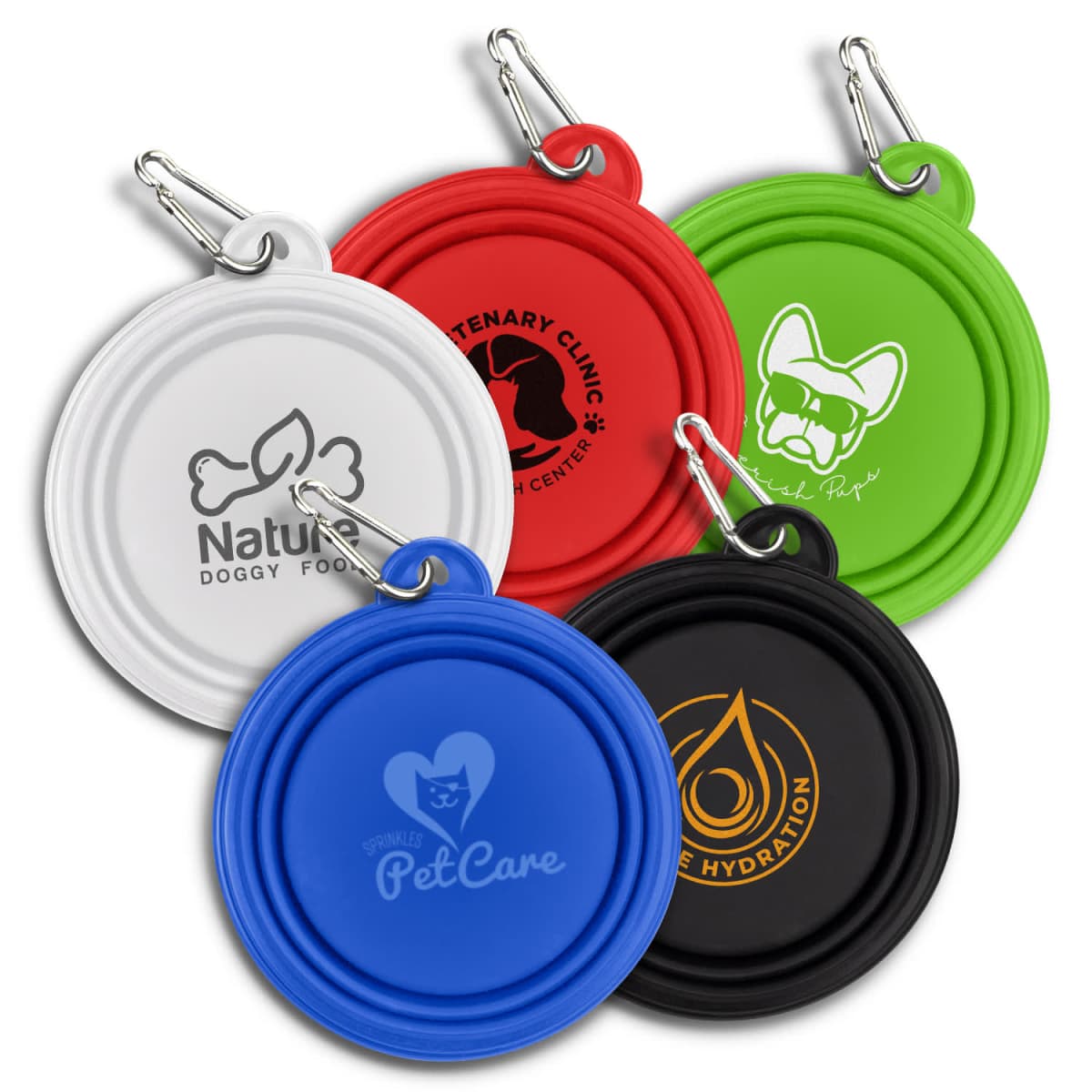 Five circular pet tags with carabiners in white, red, green, blue, and black. Each tag features a unique logo and design, including animal outlines and company names.