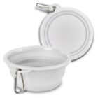 Collapsible white silicone pet bowl with a carabiner attached, shown in an expanded and folded state. The bowl is round with horizontal ridges and a detachable clip for portability.