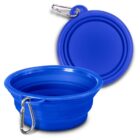 Collapsible blue silicone pet bowl with a carabiner clip, shown in an expanded form and a folded state in the background.