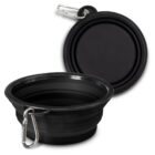 Two black collapsible silicone bowls with silver carabiners attached. One bowl is expanded, showing its accordion-like structure, while the other is folded flat. Designed for portable use, likely for pets or travel.