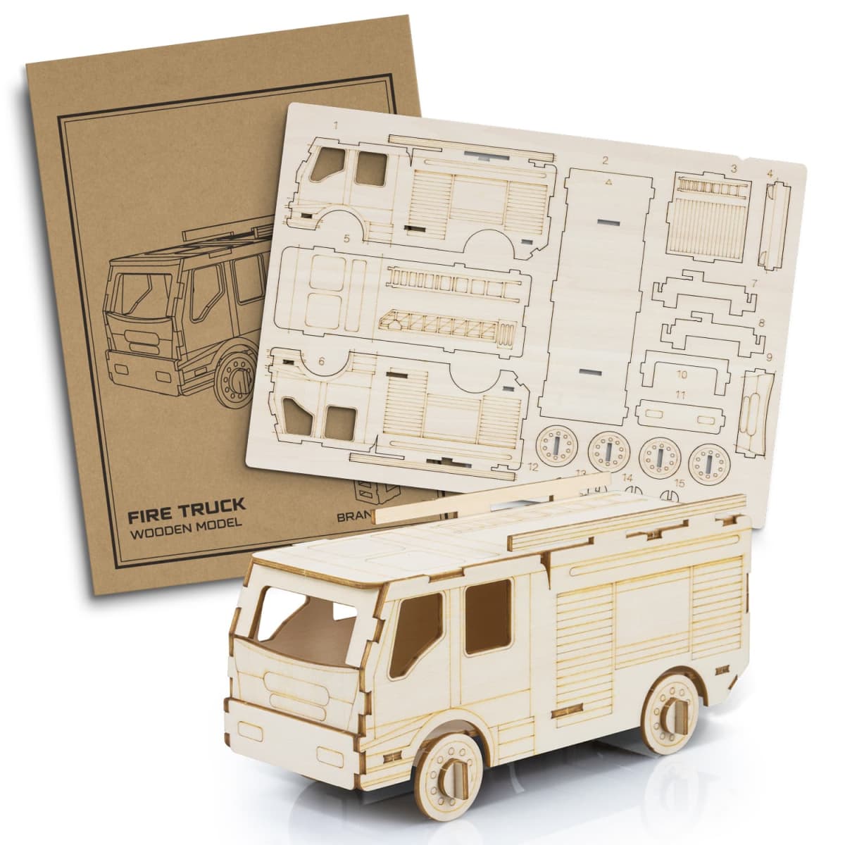 A wooden fire truck model kit is shown, featuring unassembled pieces on a board and an illustrated instruction sheet. The completed model truck is positioned in front of the kit, showcasing its intricate design.