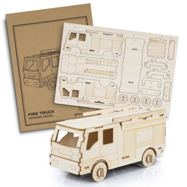 Wooden model kit of a fire truck, showing a laser-cut sheet with pieces to assemble and a completed model. Includes an instruction sheet illustrating the truck design.