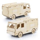 Two wooden models of fire trucks, featuring detailed grooves and cutouts. The models are placed side by side, showcasing different angles. The trucks have wheels and ladders carved into the design.