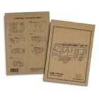 A cardboard package for a fire truck wooden model kit. The front shows a line drawing of the truck, while the back has assembly instructions with step-by-step diagrams. Brandcraft logo is visible.