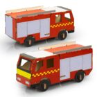 Two identical red and yellow toy fire trucks made of lightweight materials, featuring a simplified design with white side panels and black wheels, are positioned on a white surface.