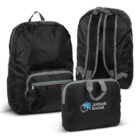 Three black backpack variations are shown: one front view with zippers, one back view with straps, and one folded into a pouch with Jobtalk Social logo. The designs are simple and utilitarian.