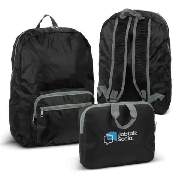 Three black backpacks with gray zippers and straps. One is folded into a compact pouch displaying a logo with speech bubbles and the text Jobtalk Social. The other two are unfolded, showing front and back views.
