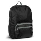 A black backpack with a large main compartment and a smaller front pocket, both with silver zippers. The bag has a green loop at the top for carrying.
