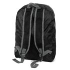 A black nylon backpack with adjustable gray mesh shoulder straps and a top carry handle, displayed from the back. The backpack has a simple, lightweight design suitable for everyday use.