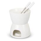 White ceramic fondue pot with two metal forks, designed for melting chocolate or cheese.