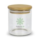 Clear glass jar with a wooden lid. The jar features a green floral logo and the text NatureLife.