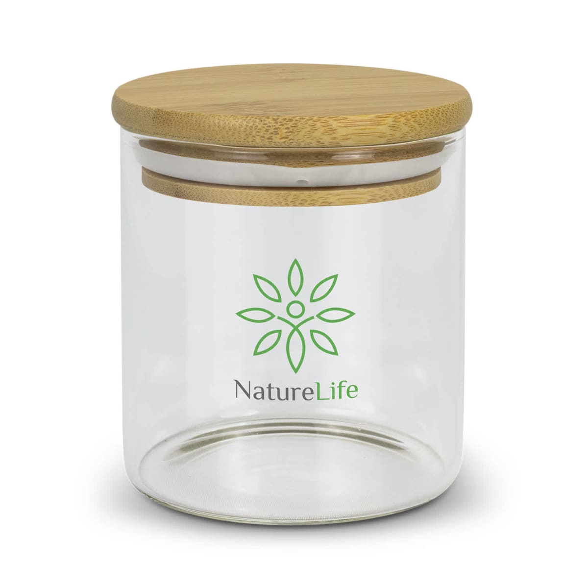 Clear glass jar with a wooden lid. The jar features a green floral logo and the text NatureLife.