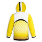 Back view of a hooded winter jacket with a yellow, white, and black color scheme. The lower back features a gradient yellow pattern resembling a net. The jacket has a modern, sporty design.