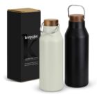 Two insulated drink bottles with wooden lids, beside a black keepsake-branded box.