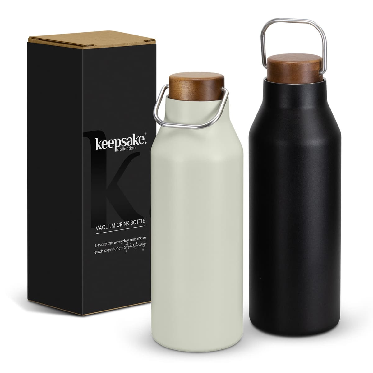 Two insulated drink bottles with wooden lids, beside a black keepsake-branded box.