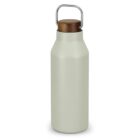 Matte light gray water bottle with wooden cap and metal handle, on a white background.