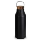 Black metal water bottle with a wooden cap and a metal handle on a white background.