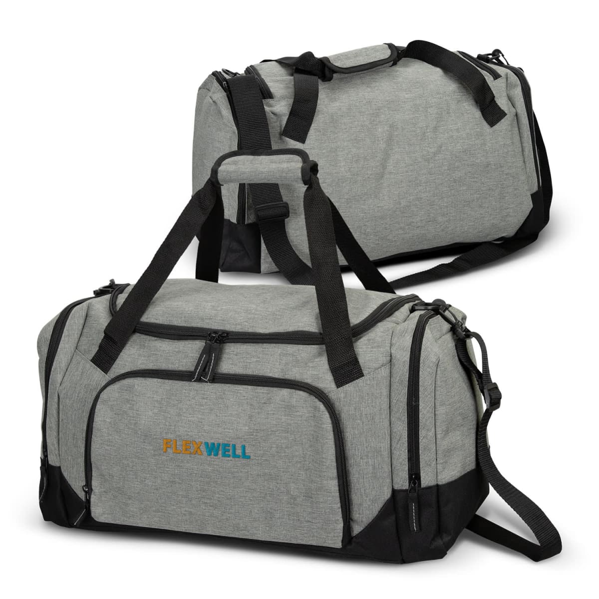 Two gray duffel bags with black straps, one showing the FLEXWELL logo on the front pocket.