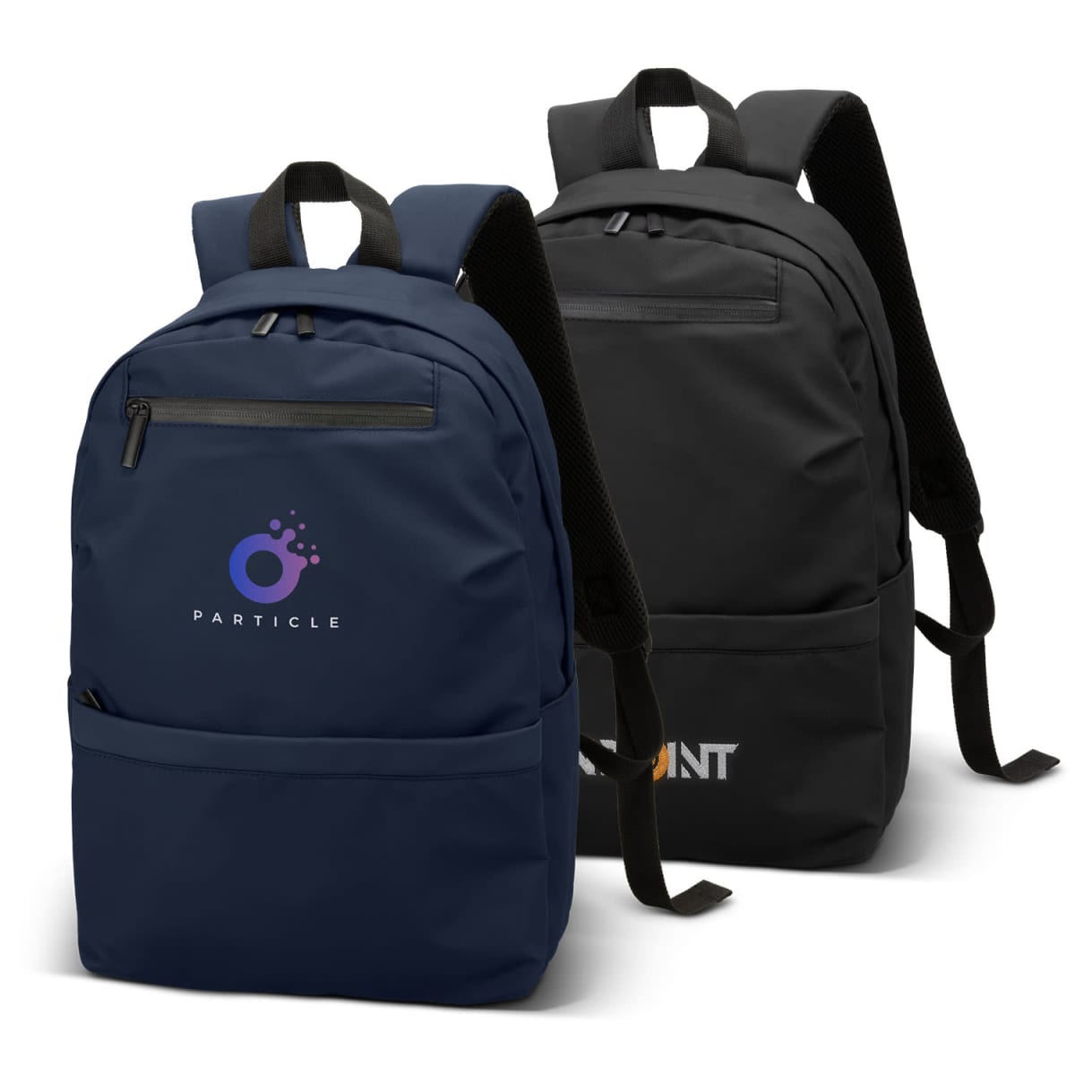 Two backpacks: one navy with a PARTICLE logo, and one black with INT text.