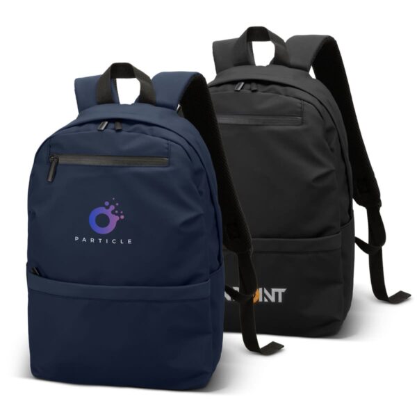 Two backpacks, one navy blue with a logo, the other black, on a white background.