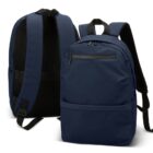 Two dark blue backpacks with front and top zippered compartments, side by side.