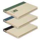 Three closed hardcover notebooks with colored spines stacked diagonally on a white background.