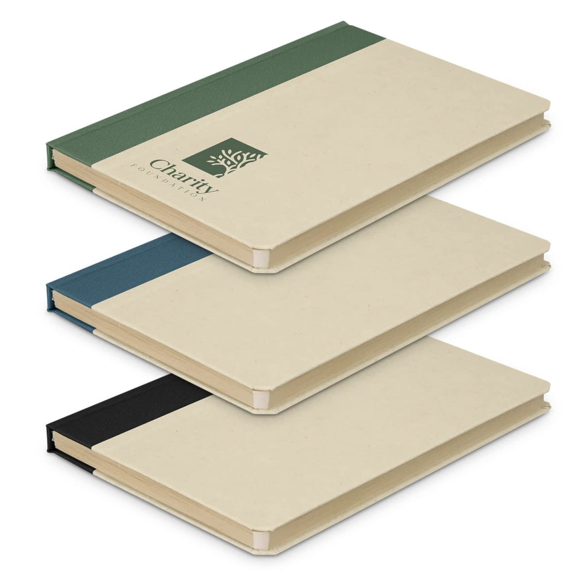 Three closed hardcover notebooks with colored spines stacked diagonally on a white background.