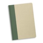 Closed hardcover notebook with a green spine and plain beige cover, viewed from above.