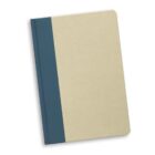 Closed notebook with a beige cover and blue spine, shown on a white background.