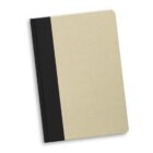 A closed beige notebook with a black spine on a white background.