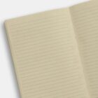 An open blank notebook with lined pages.