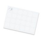A sheet of glossy white circular stickers lies on a flat surface. One sticker at the top left corner is slightly peeled away, revealing its adhesive backing. The arrangement is in a grid pattern with soft shadows indicating light from above.