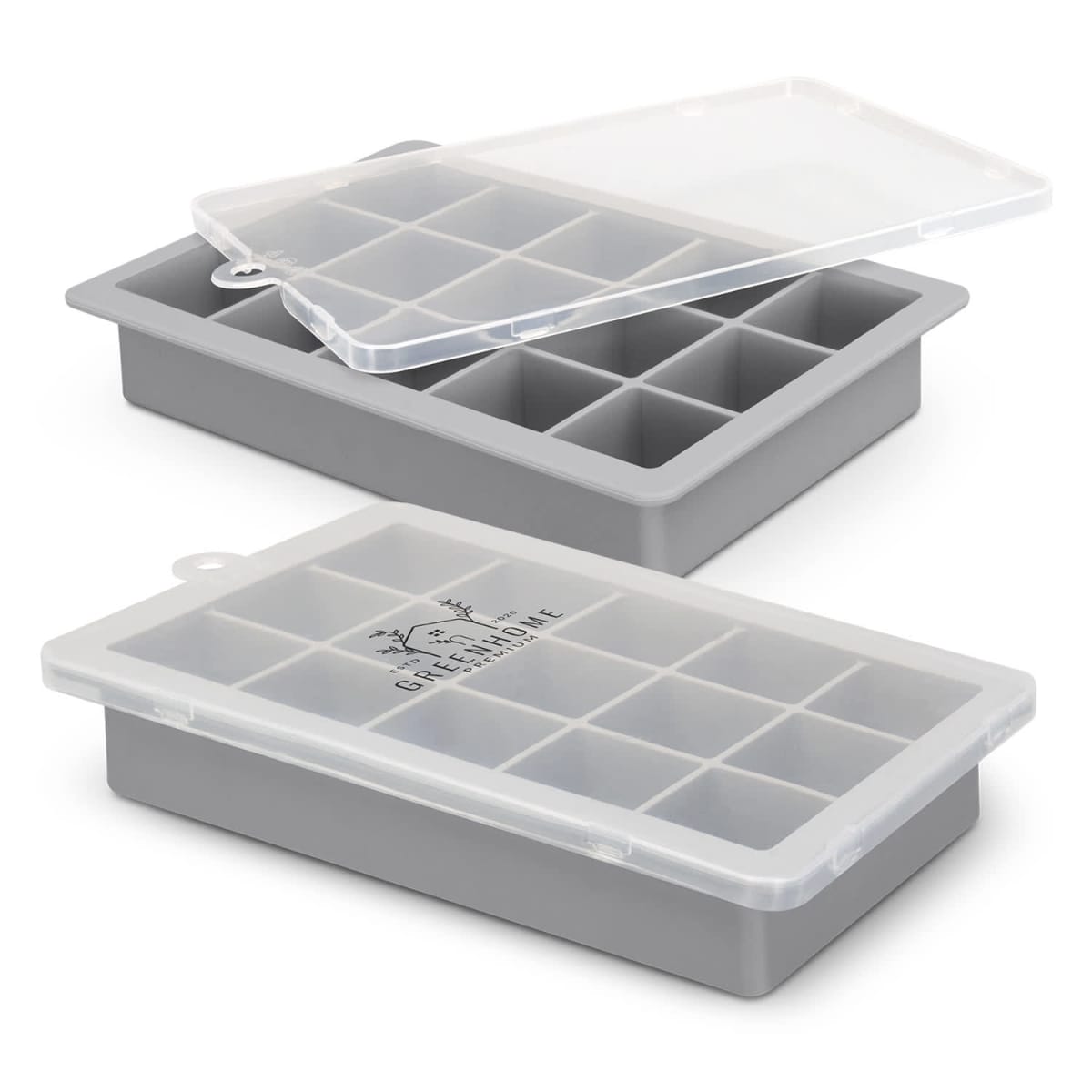 Two gray ice cube trays with lids, one stacked on the other.