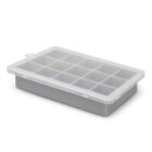 Gray ice cube tray with a clear lid and twelve compartments.