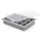 Gray silicone ice cube tray with a clear plastic lid.