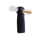 Portable handheld fan with black handle and two white blades on a white background.