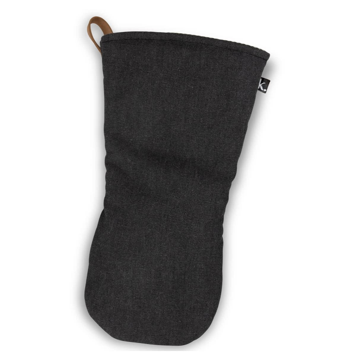 Black fabric oven mitt with a small brown hanging loop, lying flat on a white background.