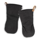 Two black oven mitts with brown hanging loops, displayed on a white background.