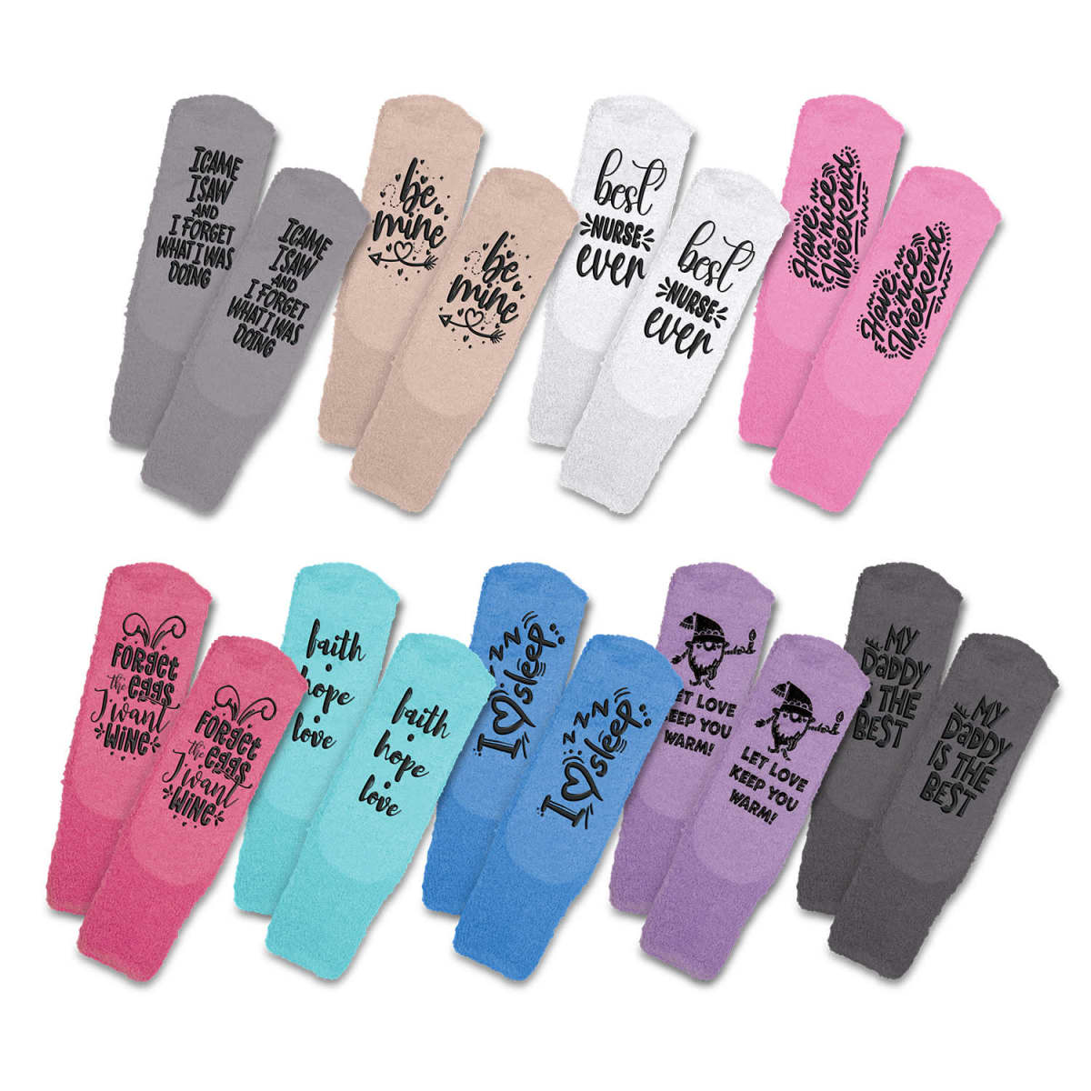 Colorful socks with various romantic quotes and designs printed on them, arranged in rows.