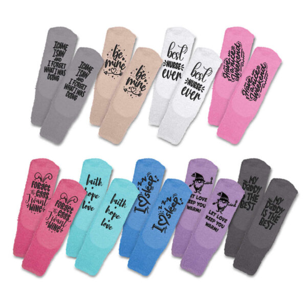 Colorful socks with various romantic and positive quotes printed in black text on each pair.