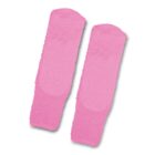 Two pink rectangular terry cloth wristbands on a white background.