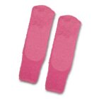 A pair of pink fuzzy socks laid side by side on a white background.