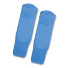 Two blue terry cloth wristbands placed side by side on a white background.