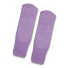 A pair of fluffy, purple socks laid side by side on a white background.