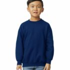 Young boy in a blue sweatshirt and jeans standing against a plain white background.